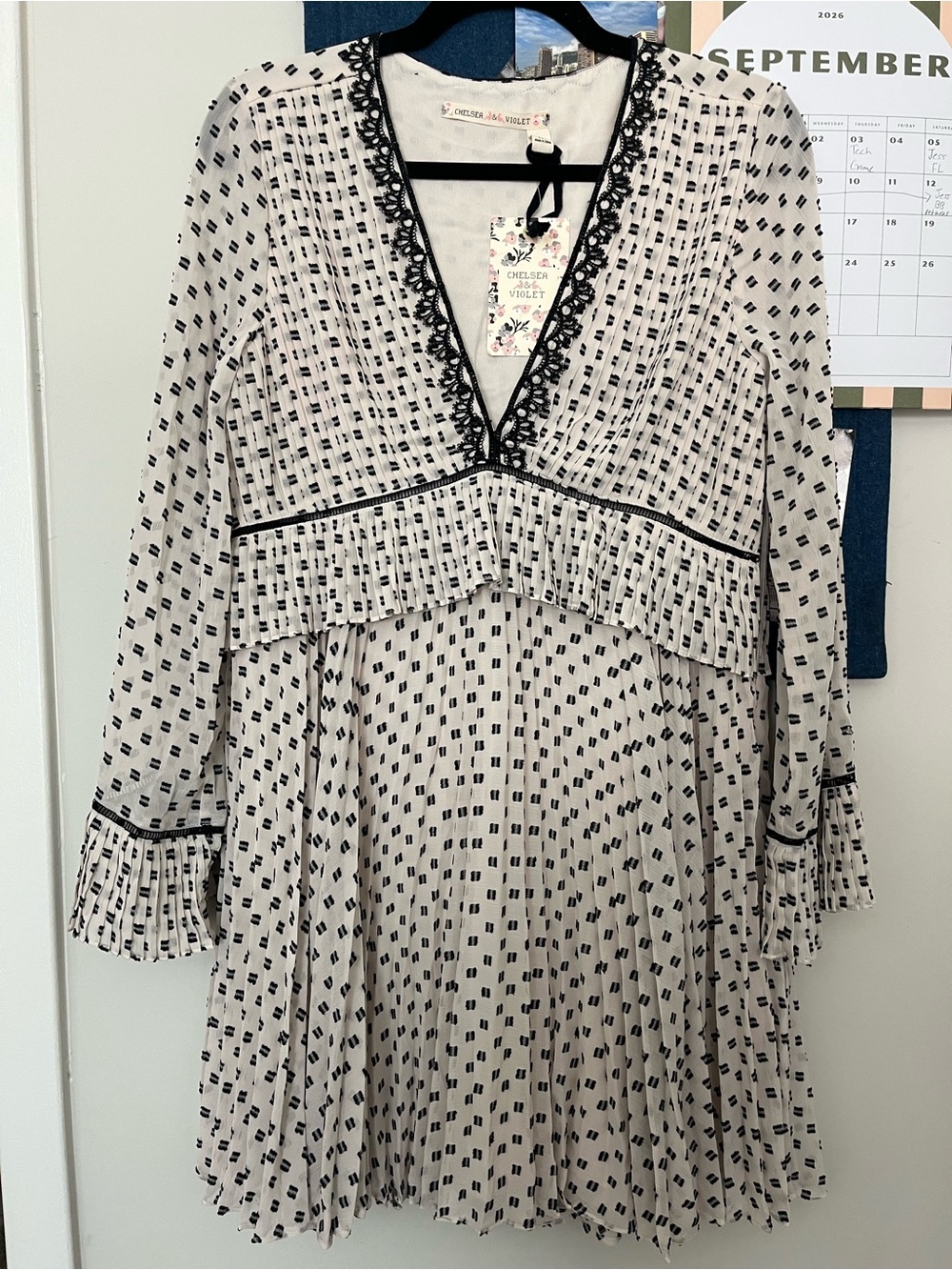 Chelsea & Violet Cream Dress with Black Geometric Print and Lace Trim